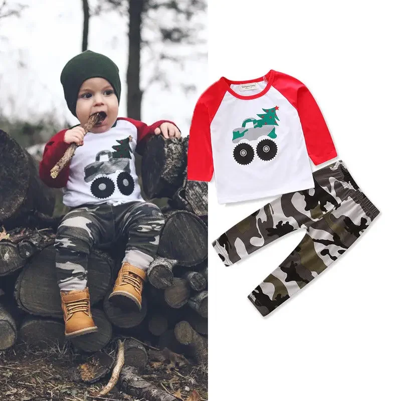 1-5Y Cool Boys Autumn Clothes Long Sleeve Cartoon Little Car Pullover T-shirt Camouflage Elastic Long Pants Boys Outfits