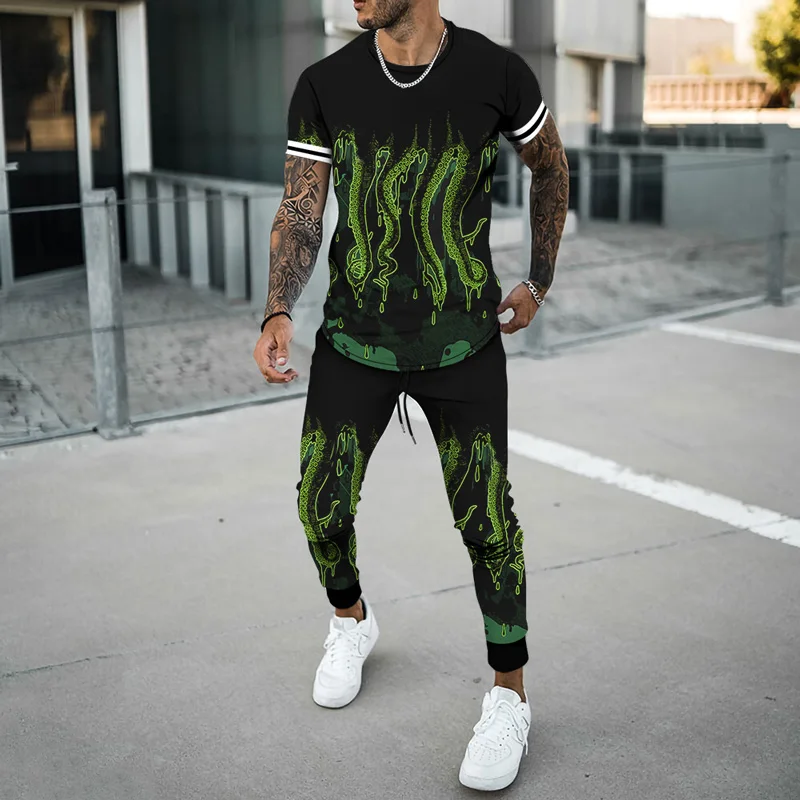 

Men's 2-piece Suit Casual Oversized 2023 Summer Men's Sportswear Octopus 3D Printed Short Sleeve T-shirt Trousers Suit Trend