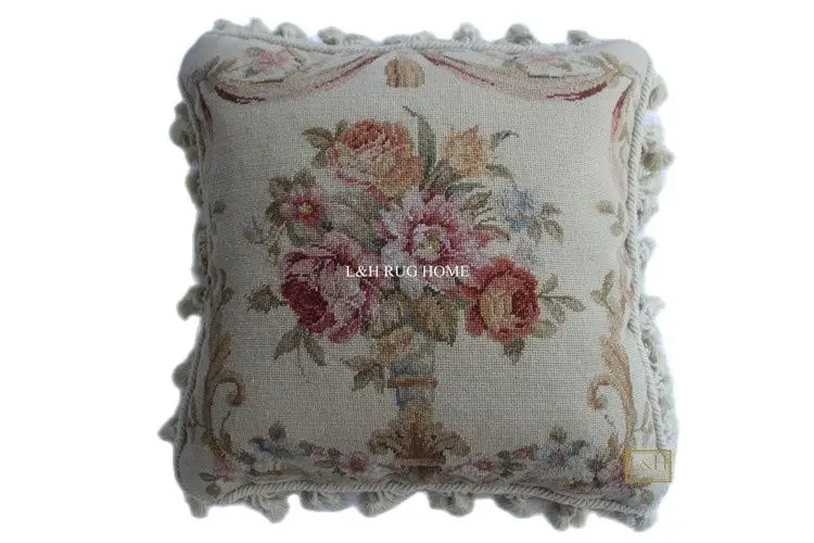 

FREE SHIPPING 15K 16"X16" Needlepoint pillow, handknotted woolen cushion with floral designs no insertion