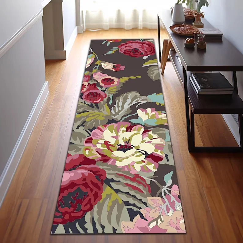 Teppich für den Eingangsbereich, Kurdish Runner-Teppich für den Innenbereich, floraler Teppich, Blumenteppich, Rosen-Design, Küchenläufer, Eingangsbereichsteppich, moderne Bodenteppich-Dekoration