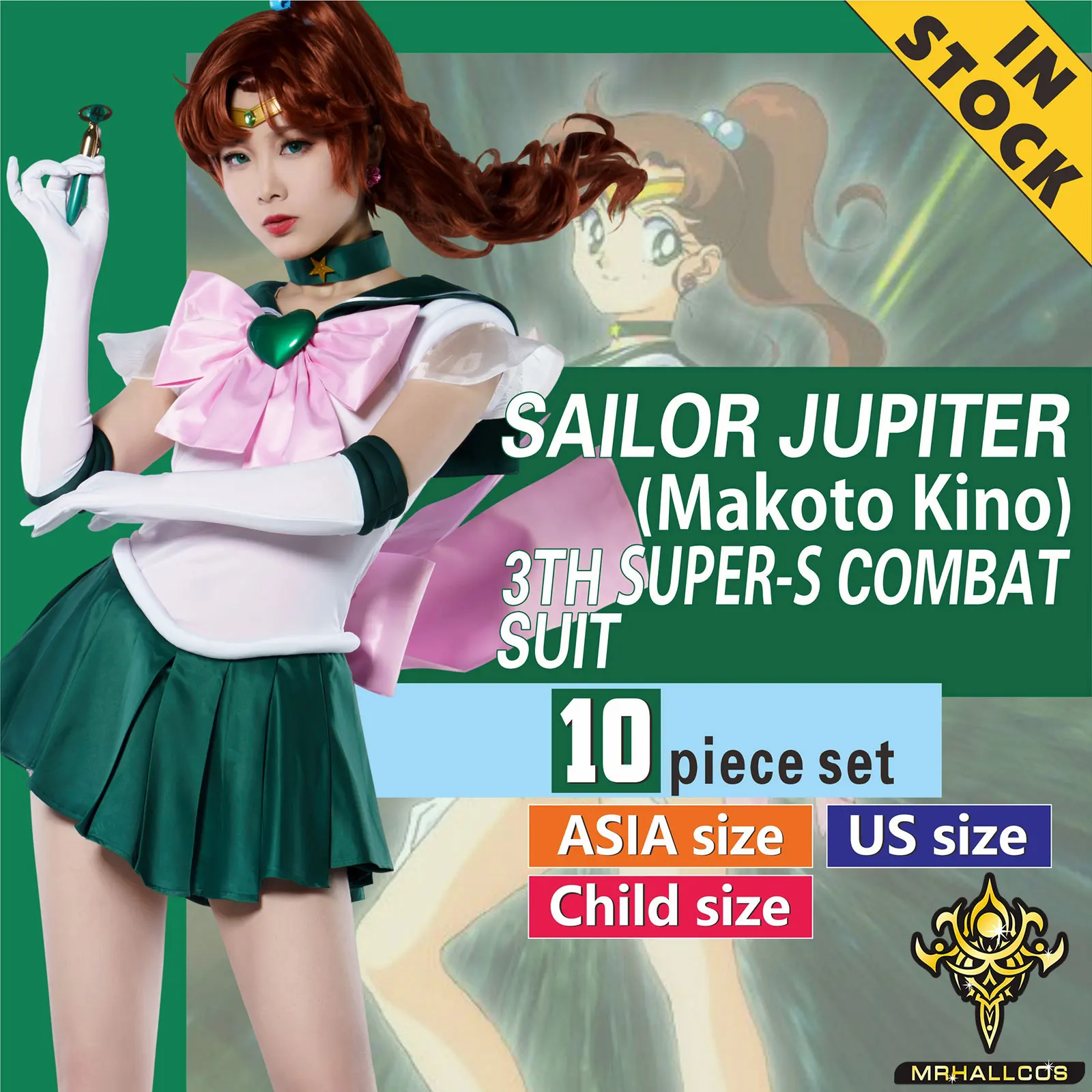 MRHALLCOS Anime Cosplay Sailor Jupiter Makoto Kino Moon SuperS vestido de cristal trajes de fiesta de Halloween para niños y mujeres adultas Plu