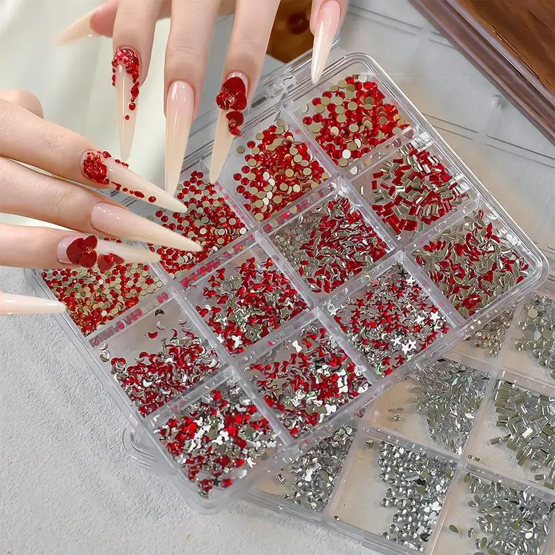 12 Grids/Box Clear Silver Red Mixed Sizes Flat Bottom Nail Art Rhinestones Crystal 3d Glitter Decoration Nail Parts Accessories