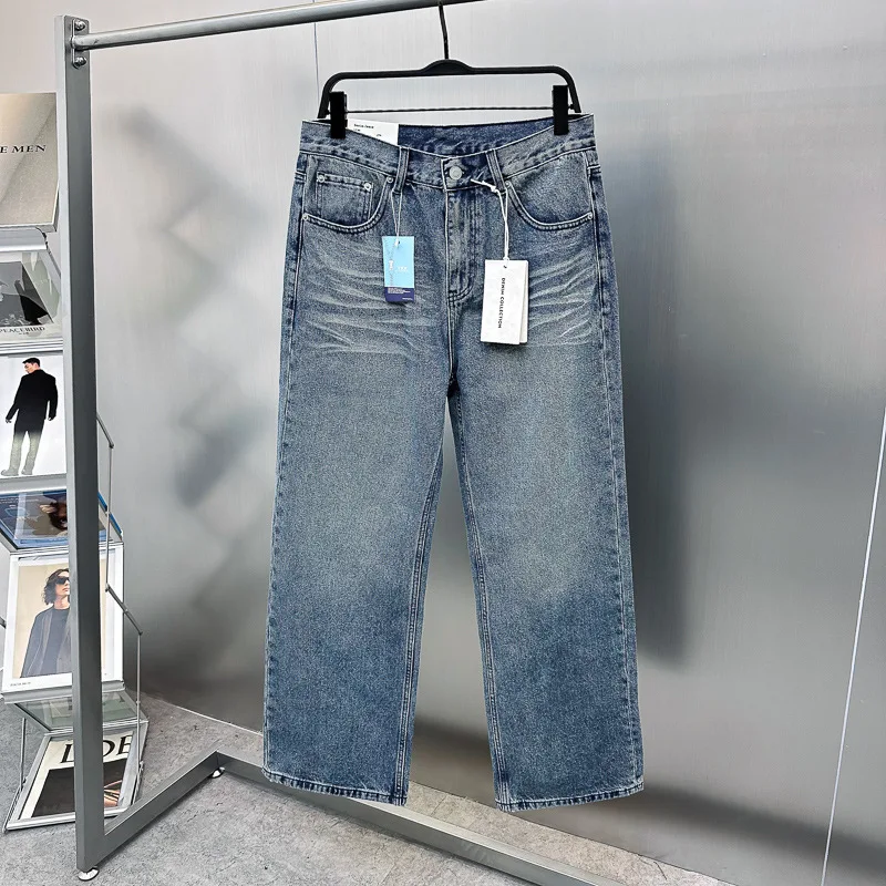 

Модные синие джинсы с эффектом потертости, прямые широкие брюки для мужчин, весенне-осенняя коллекция