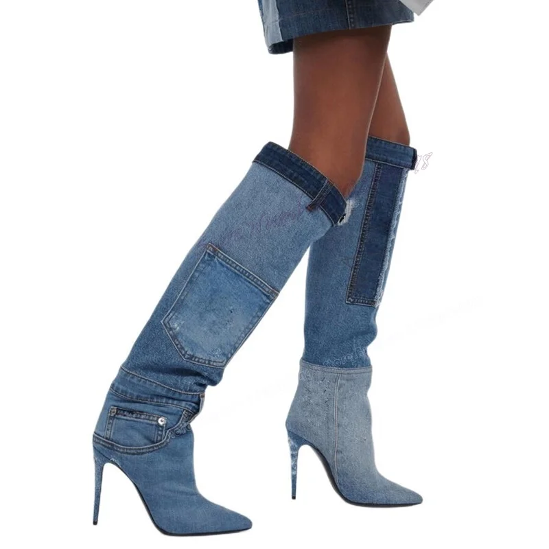 Blue Denim Patchwork Knee High Boots Pointed Toe Shoes for Women Thin High Heels Sexy Lady Autumn Shoes 2023 Zapatos Para Mujere