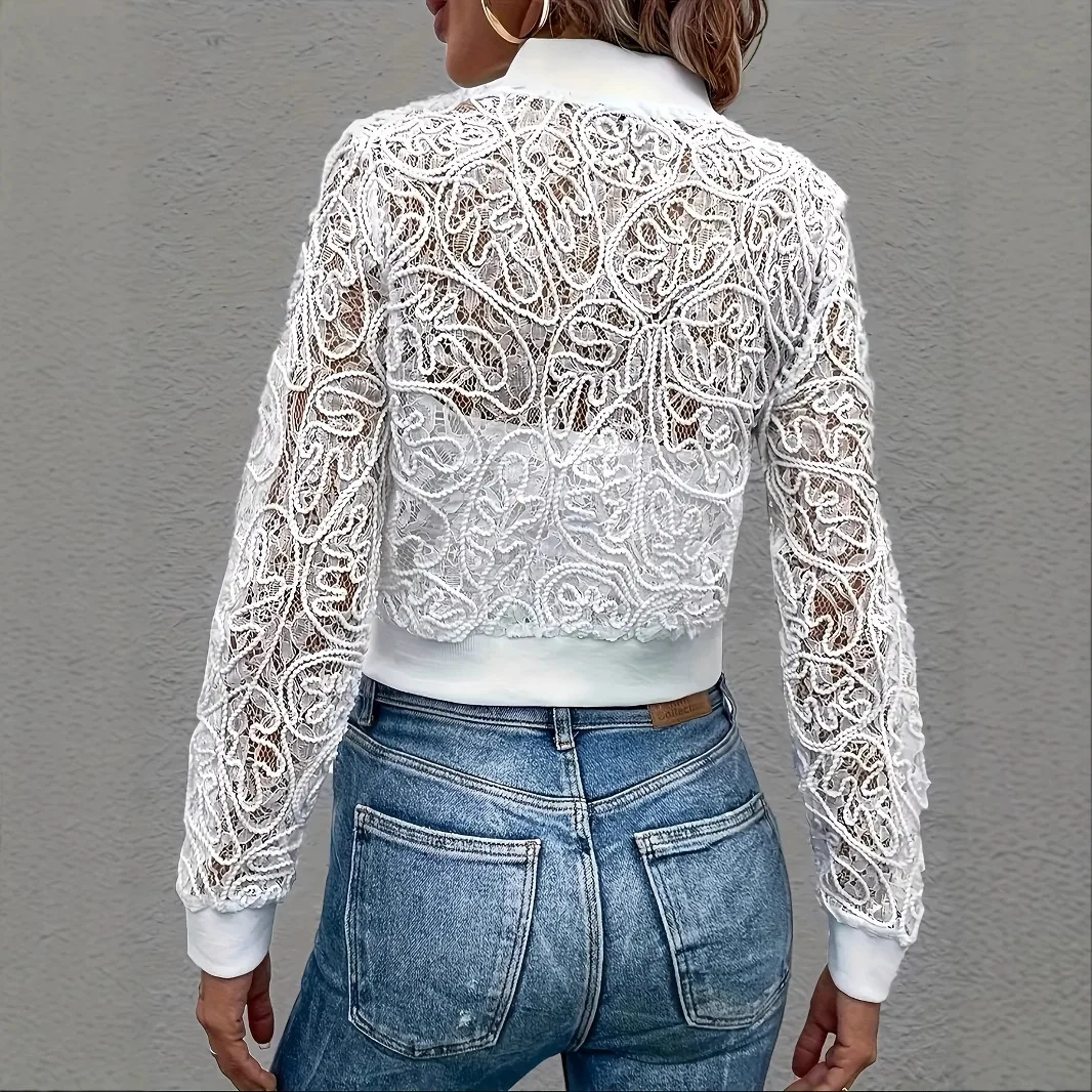 European and American Style White Lace Zipper Short Coat Fashionable Hollow Slim Cardigan Top, New in Spring and Autumn
