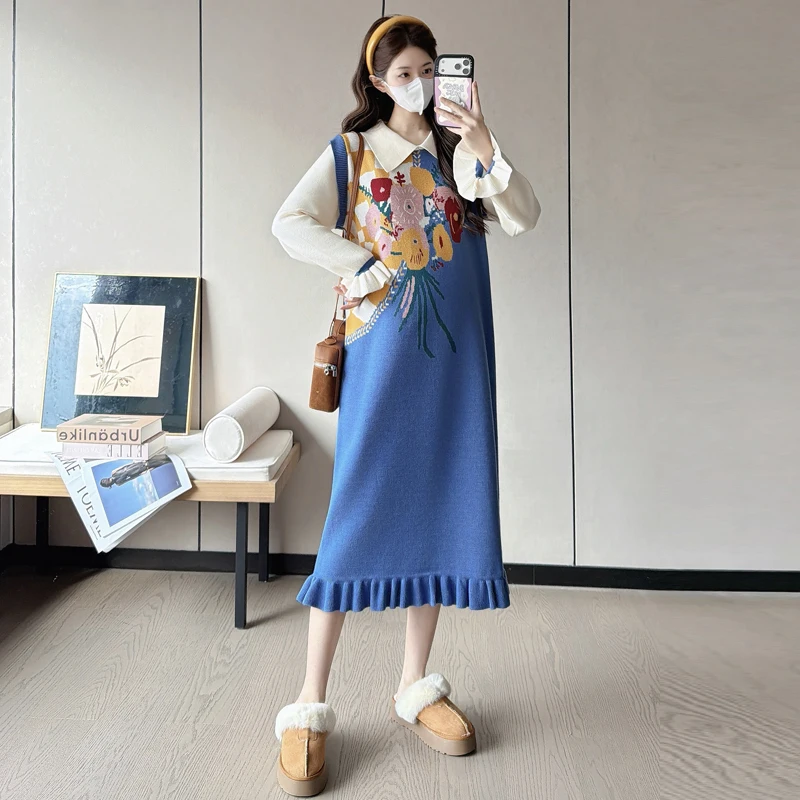 Maternity Knit Long Dress Autumn Flower Turn‑Down Collar Ruffle Long Sleeve