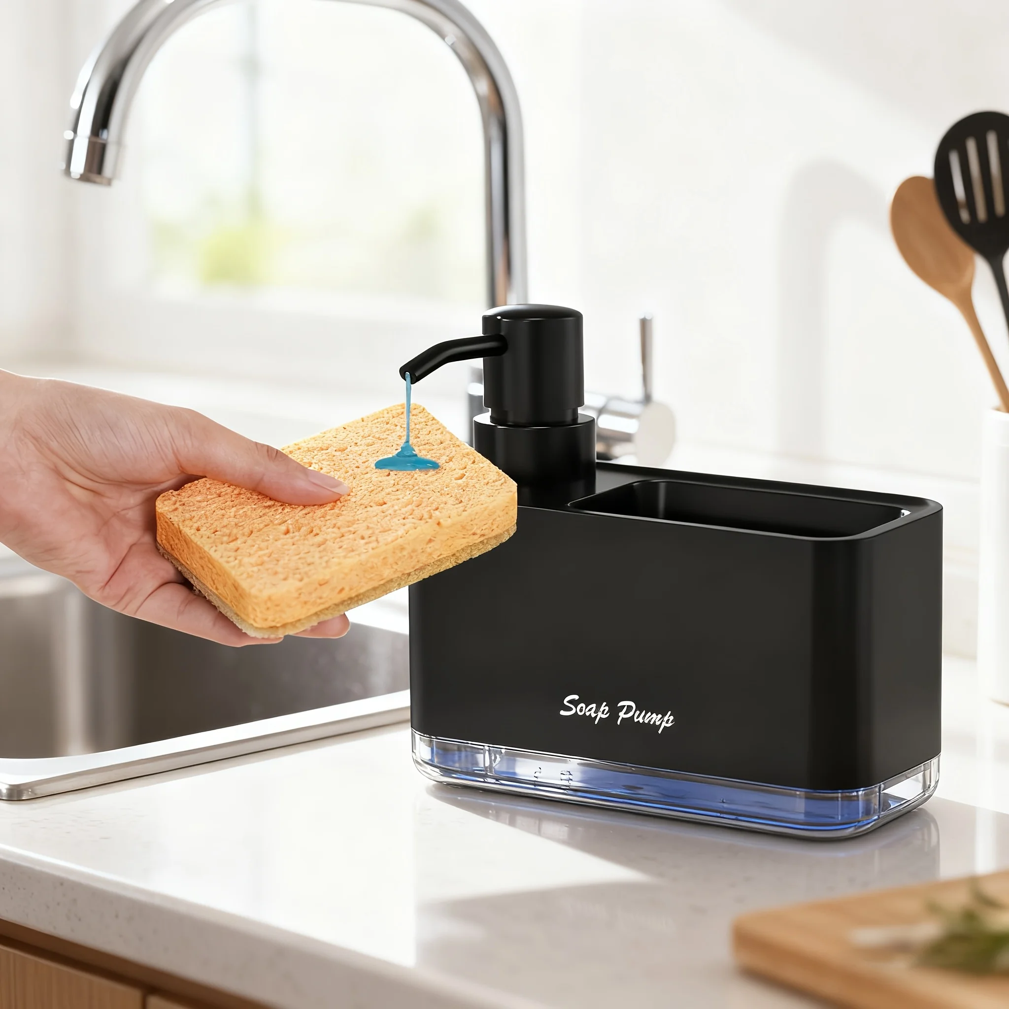 

Multifunctional Soap Dispenser with Sponge Holder Leakproof Pump Space Saving for Kitchen Bathroom Black Blue Durable Plastic