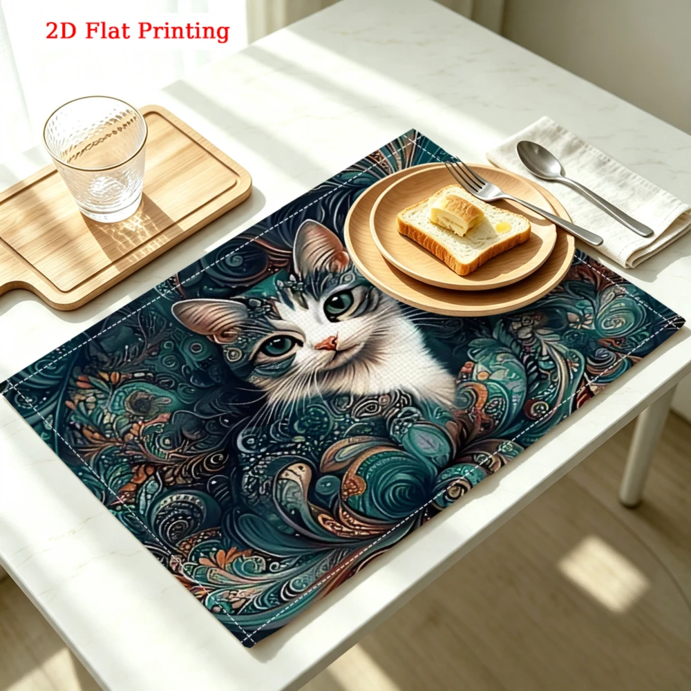 2Pcs Artistic Cat Design Placemat Blue Green Floral Pattern Table Mat For Dining Kitchen Decor Protection 30X40Cm