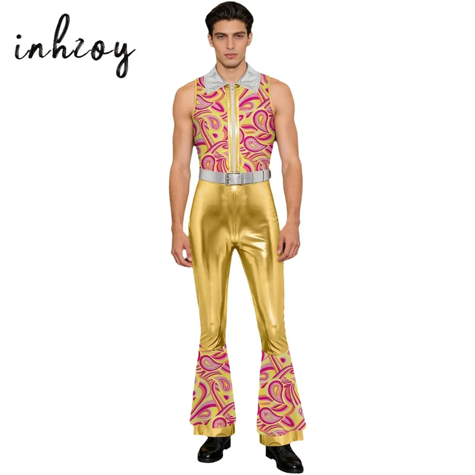 

Мужские комбинезоны для диско-танца 70-х и 80-х годов с шикарным принтом, металлические блестящие лоскутные комбинезоны без рукавов, многоуровневые расклешенные длинные брюки, комбинезон, джазовая клубная одежда