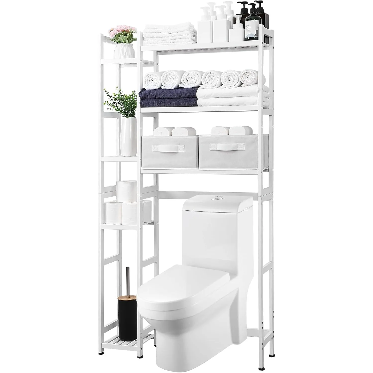 Over The Toilet Storage w/ Basket & Drawer, Bamboo Bathroom Organizer，Waterproof Feet Pad,,White