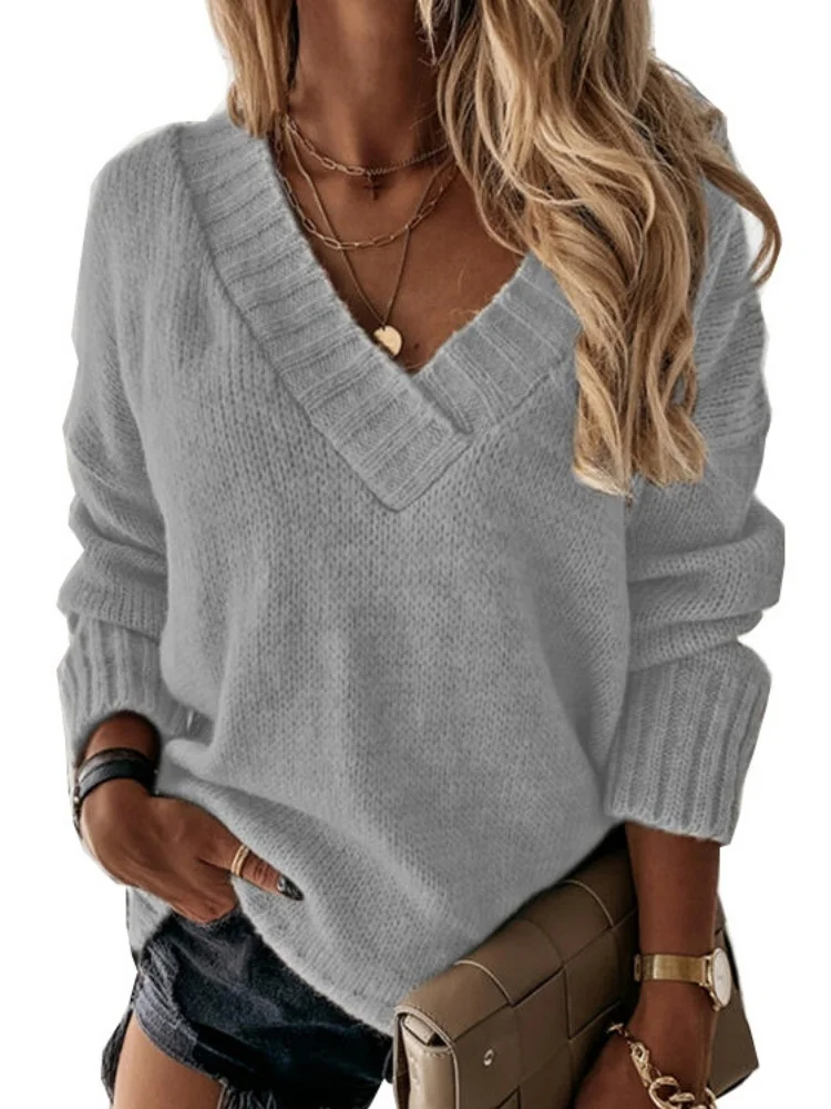 Women Sweater 2025 New Women's Solid Color V Neck Long Sleeve Pullover Knit Sweater For Autumn And Winter  Fashionable Style