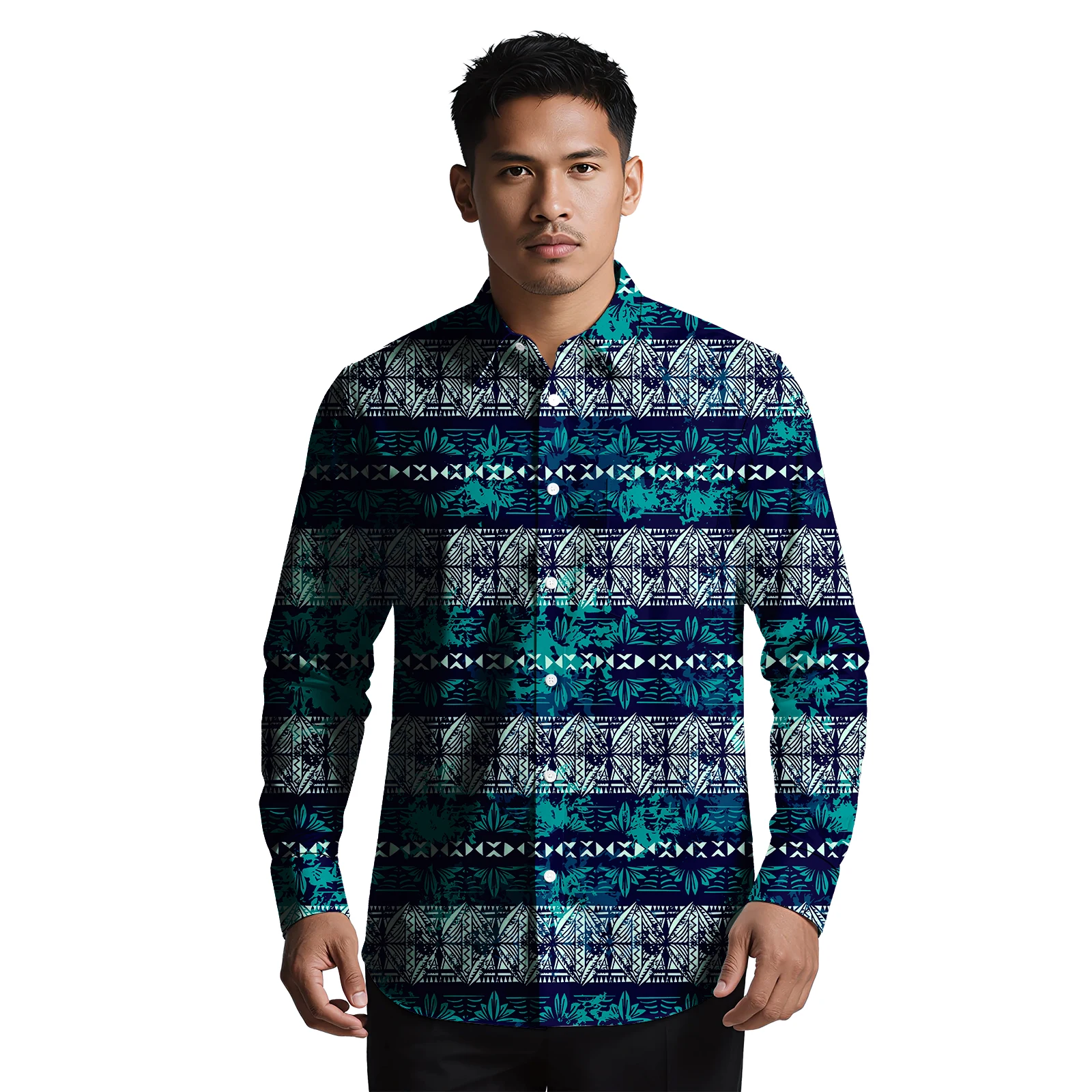 Custom Pattern Men Maxi Sleeve Office Printing Aloha Shirt Plus Size Samoan Polynesian Tapa Tribal Casual Men Long Sleeve Shirt