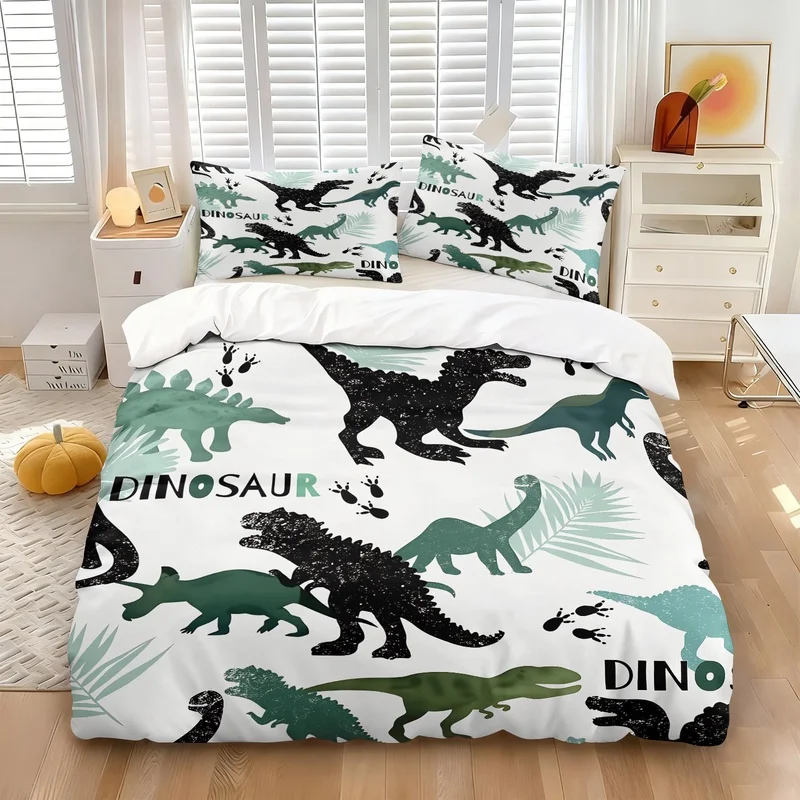 Cartoon Dinosaur Bedding Set Cute Dino Duvet Cover Set for Boys Teens Bedroom Decor Wildlife Jungle Animal Comforter Cover Set