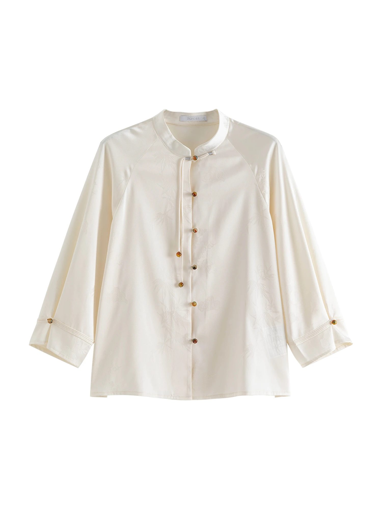 ZIQIAO Chinese Style Women Beige Temperament Blouse Stand Collar Three-quarter Sleeves Female Shirts Single Button Top 24ZQ93125