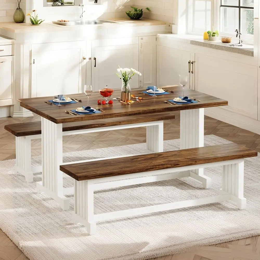 

47 Small Dining Table Set for 2, 3Piece Kitchen Table with 2 Benches, Farmhouse Wood Dinner Furniture for Narrow Space, Apartme