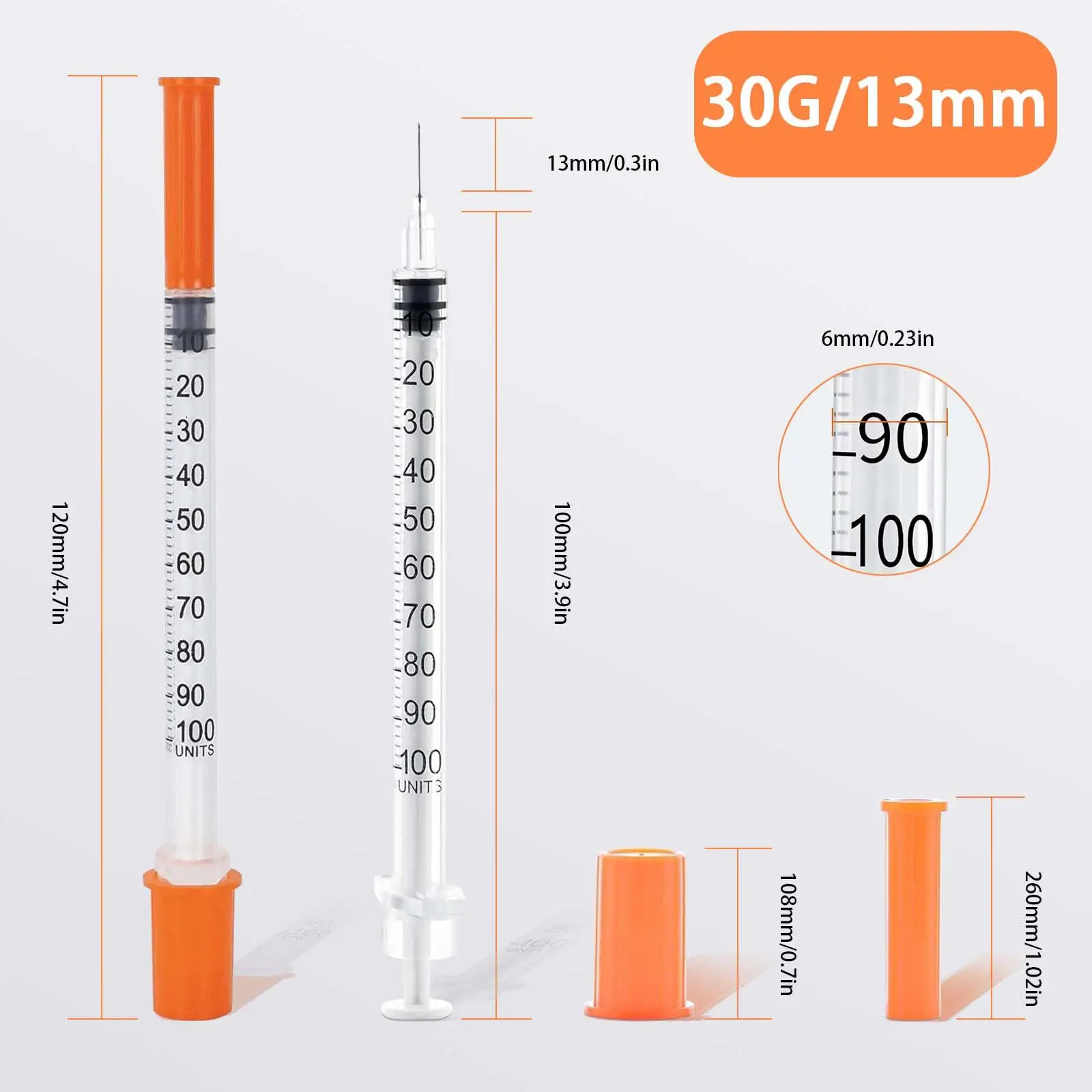 Seringue à insuline stérile de 1ml, 30G x 13mm, avec aiguille de 1/2 pouces, emballée individuellement pour usage animalier, 100/300 pièces