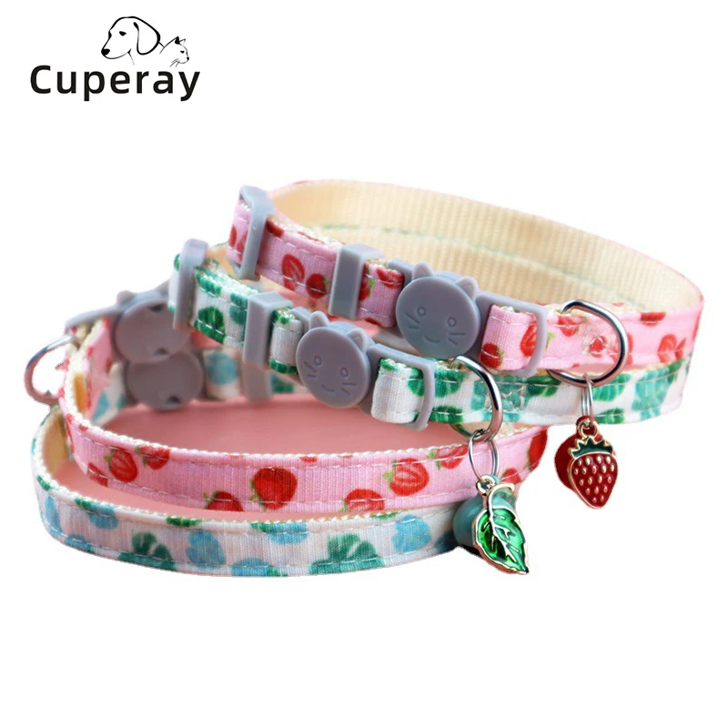 Collar ajustable con estampado para mascotas, correa de fresa y hoja verde, anillo en D para gatitos y cachorros, accesorios para mascotas