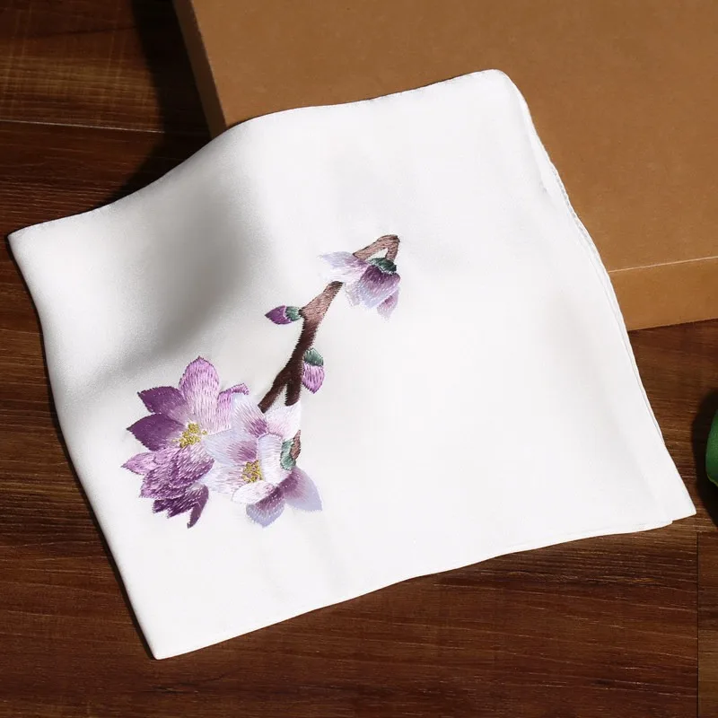 Silk Handkerchief for Women Hand Embroidered Mulberry Silk Magnolia Flower Handkerchief High End Gift