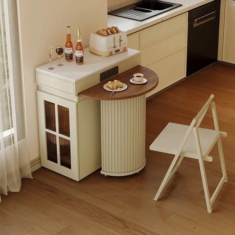 Folding retractable narrow island dining table and chairs can lift solid wood dining table