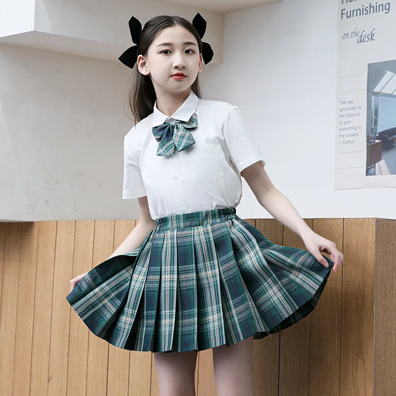 

Teen Girl School Uniform Grid Skirt White Blouse with Bow Tie Size 110-170 Quality Student Girl Cotton Suits