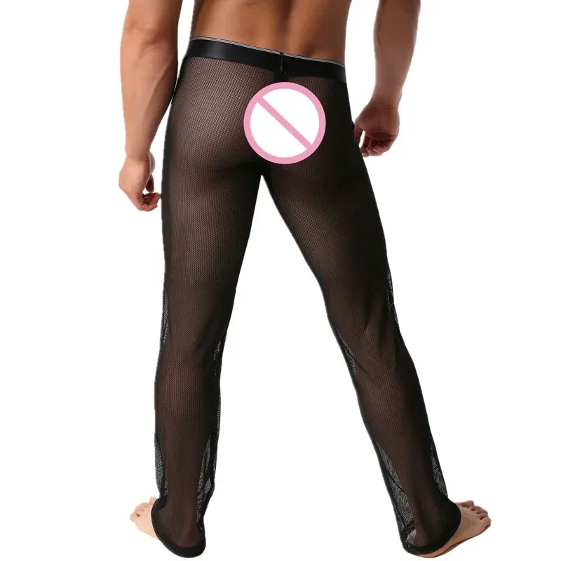Men Sexy Soft Mesh Sheer See-through Pants Loose Lounge Trousers Sleepwear Man Hot Translucent Long Sleep Pants Homewear Pyjamas