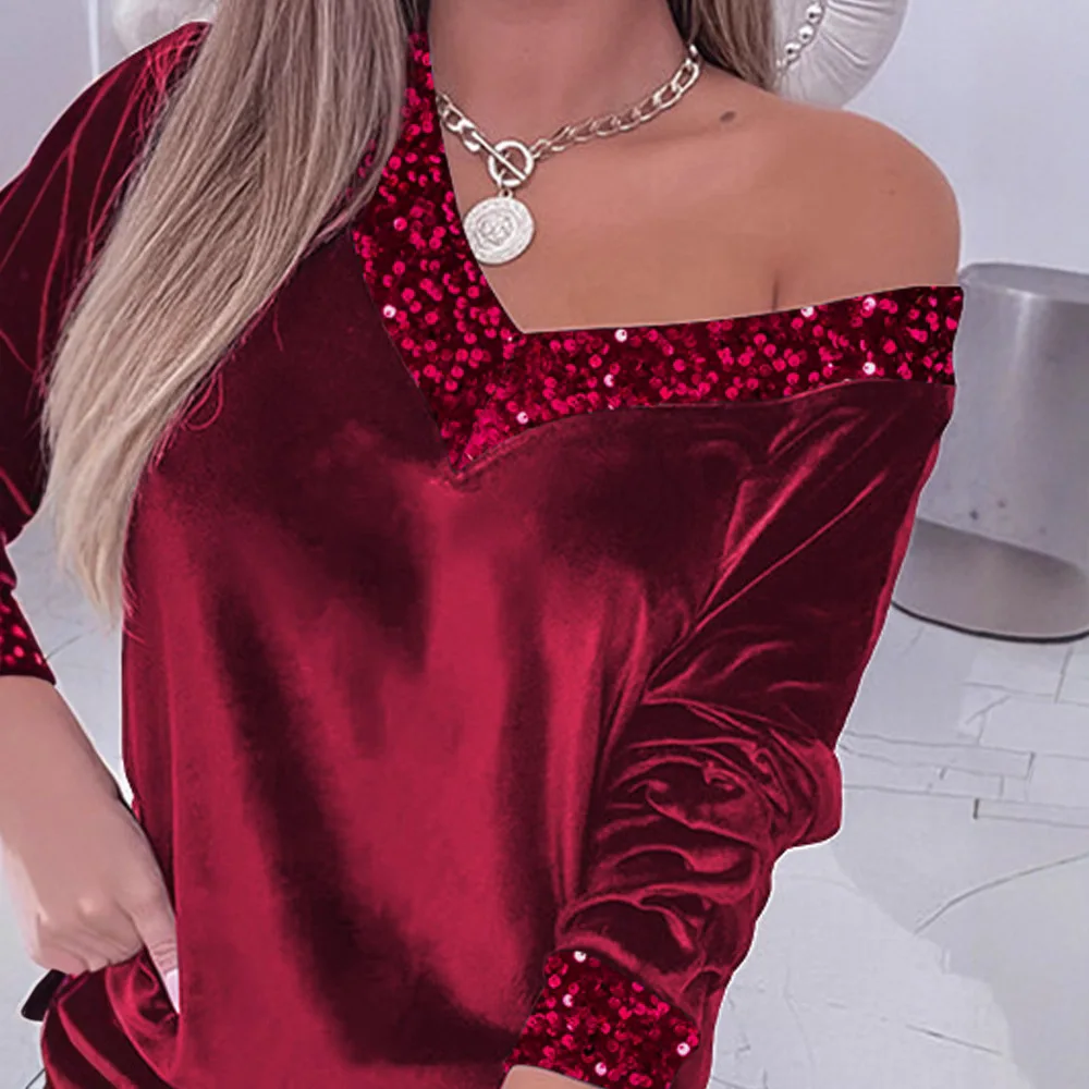 여성 2피스 의류 세트 벨벳 스티칭 스팽글 V넥 긴팔 루즈핏 탑 스웨트셔츠 & 슬림 하이웨이스트 팬츠 레깅스