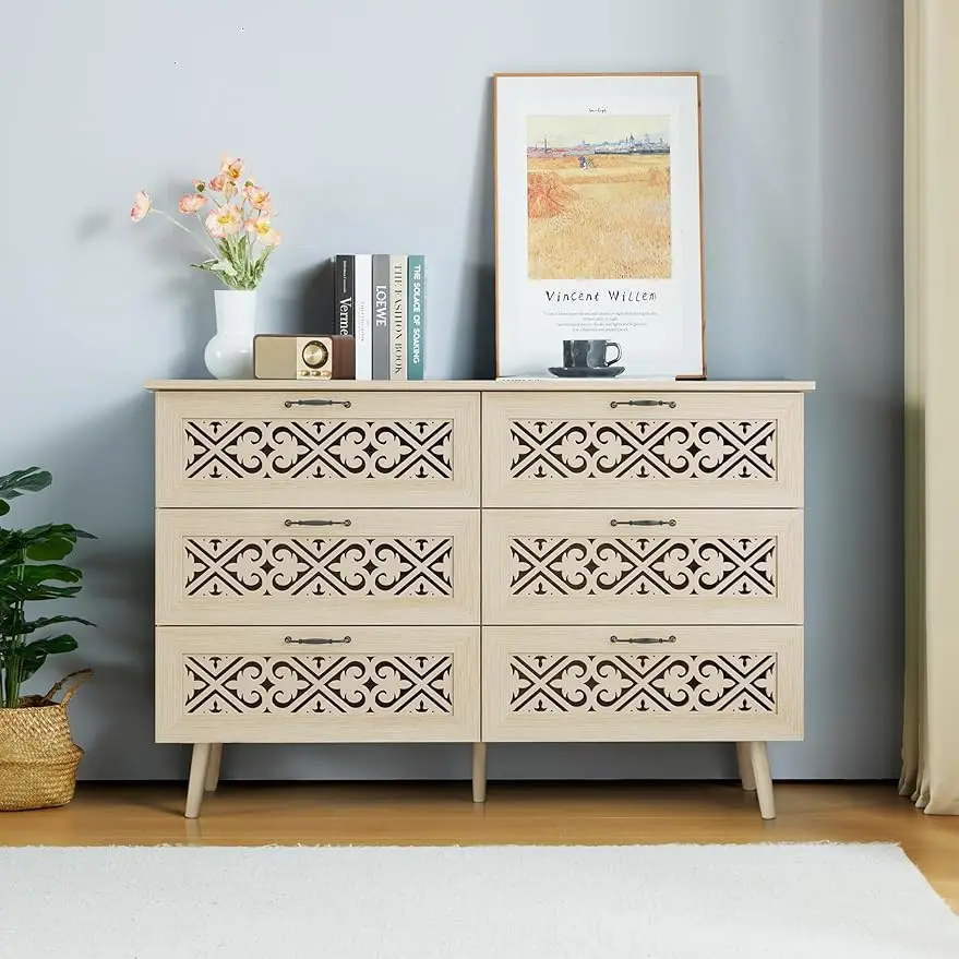 6 Drawer Modern Farmhouse Dresser Chest with Wide Drawers and Metal Handles, Hollow Carved Design Storage Chest of Drawers