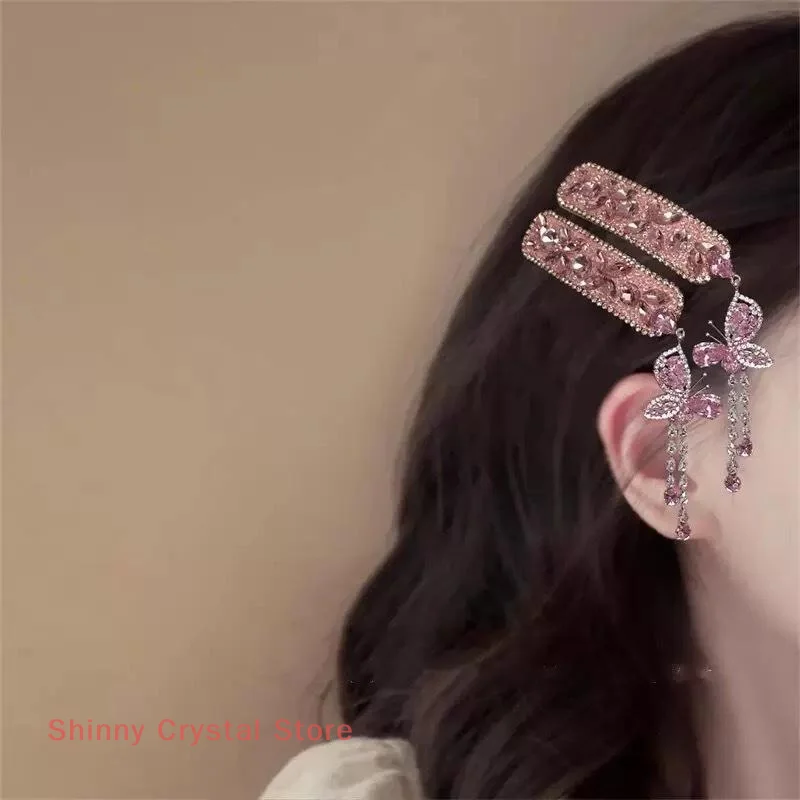 

Fashionable Zircon Butterfly Tassel Hair Clip Crystal Elegant Ethnic Style Hairpin Headdress Retro Side Clip Hair Accessories