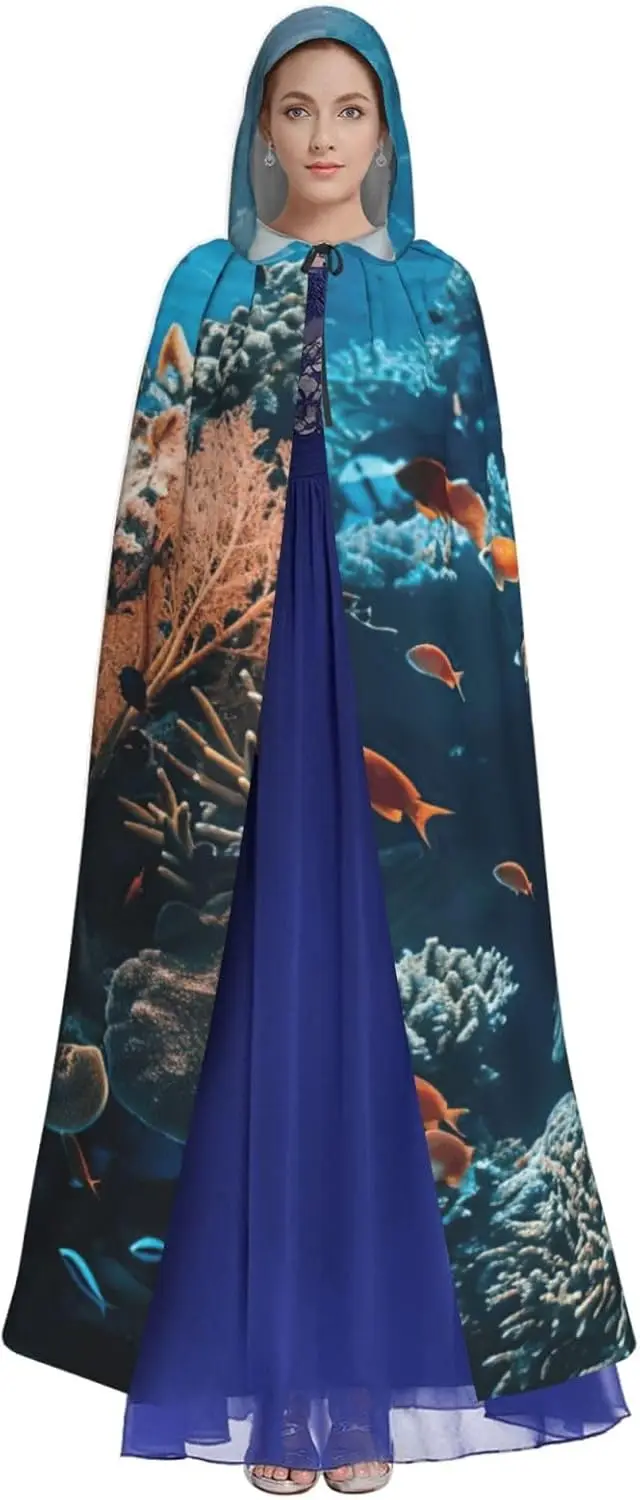 Coral Reef Print Adult Hooded Cloak With Halloween Christmas Witch Cape Robe Costume Party Supplies