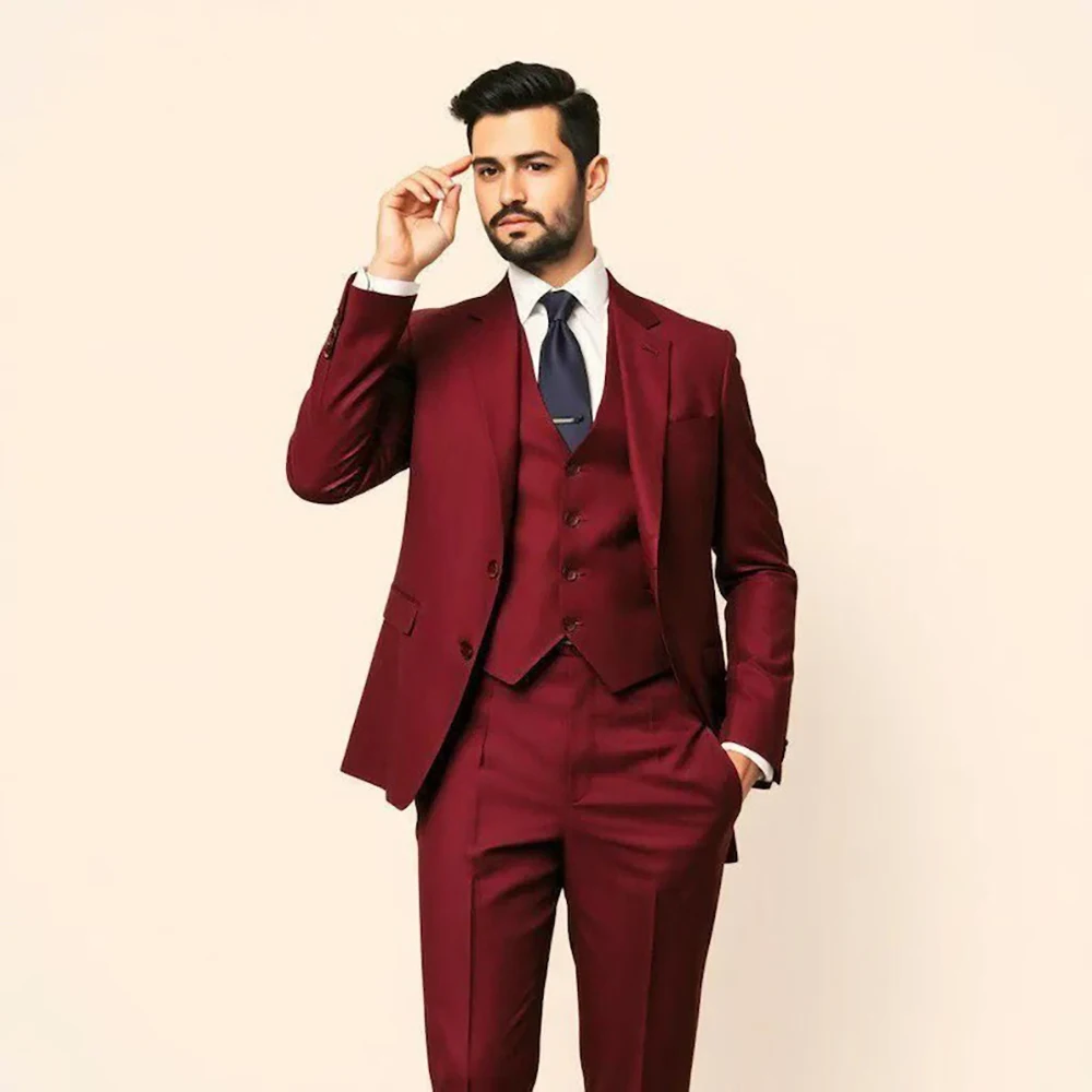 

High Quality Men's Suits Red Single Breasted Wedding Groomsmen 3 Piece Jakcet Pants Vest Formal Occasion Male Clothing