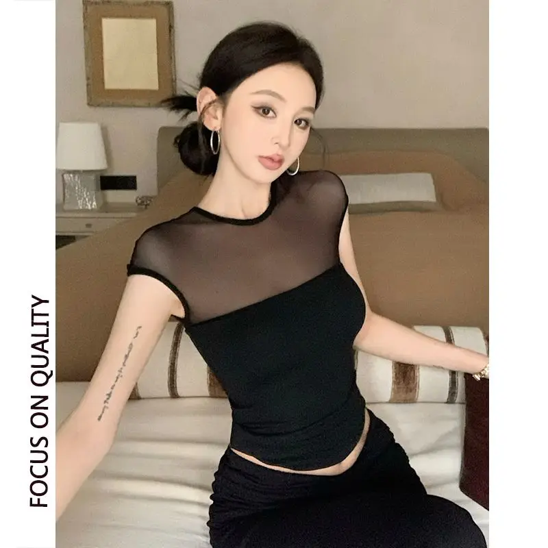 Sexy High End Perspective Mesh Splicing Short Sleeved T-shirt Women Summer New Slim Fit Spicy Girl Design Top