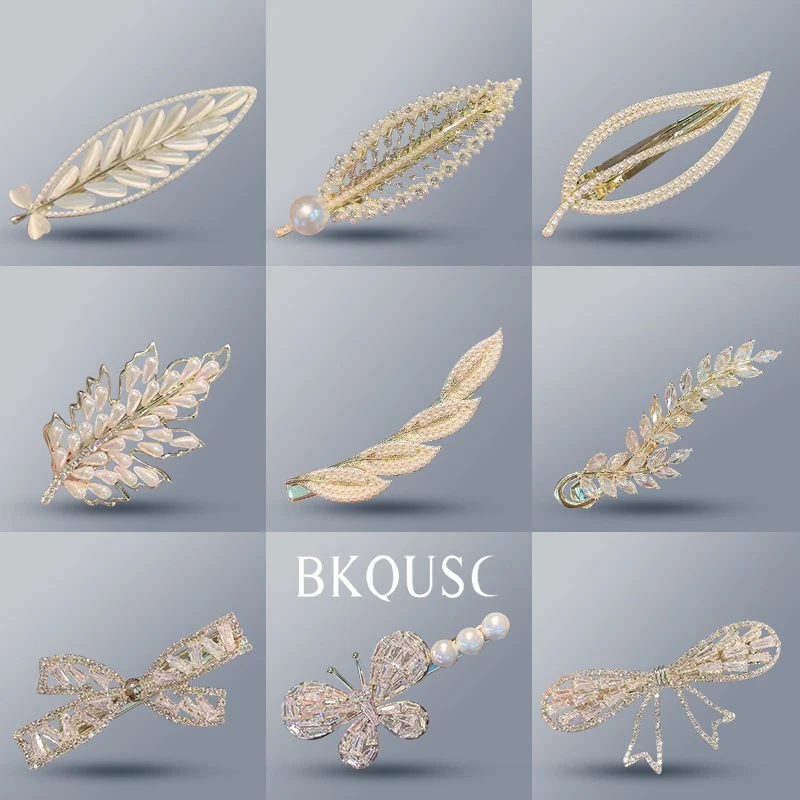 Rhinestone Women's Hair Clip Fashion Opal Pearl Hairpins Leaf Shape Duckbill Clip for Hair Female Barrettes Lady Sweet Hairgrips