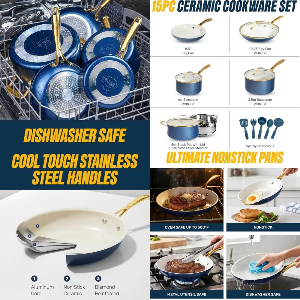 

15-Piece Nonstick Ceramic Cookware Set with Steamer and Utensils, PFOA/PFOS-Free, Oven & Dishwasher Safe