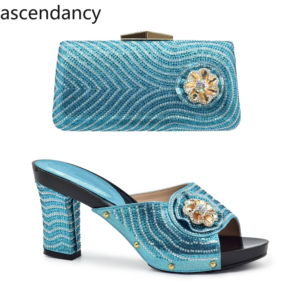 Latest Sky Blue Italian Matching Shoe and Bag Set for Wedding African Women Italian Shoes and Bag Set Party Shoes and Bag Set