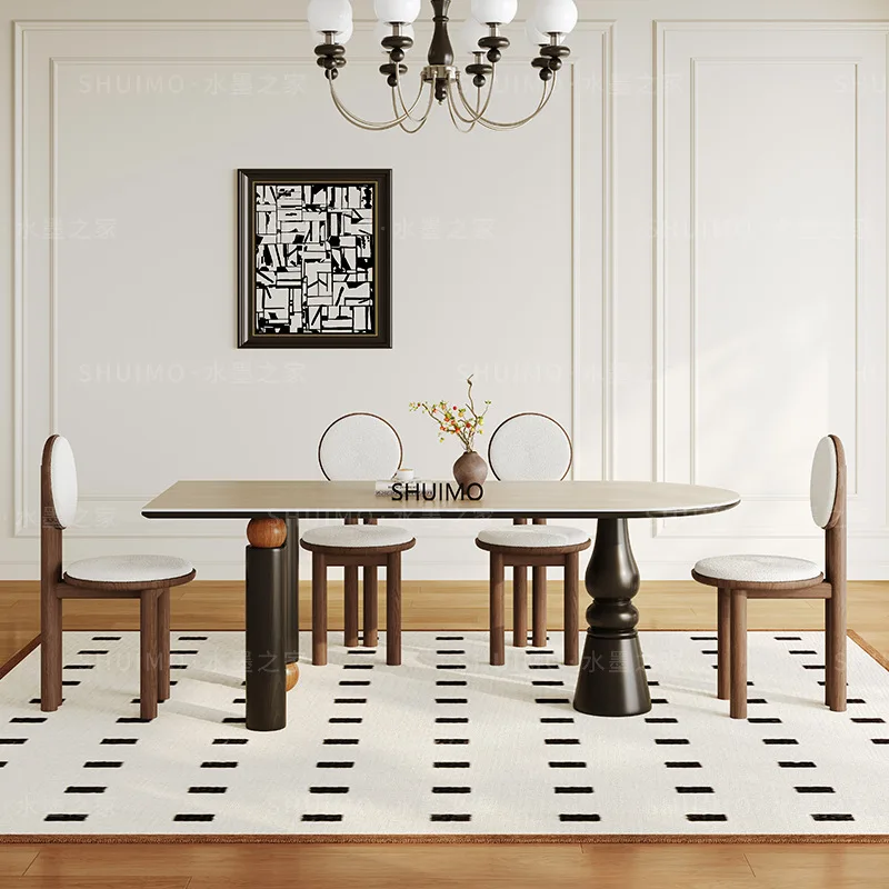 Retro solid wood dining table rectangular designer French antique dining table household high-end rock slab table