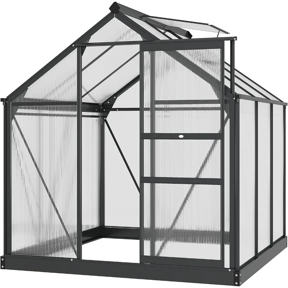 

Aluminum Walk-In Greenhouse, 6ft x 6ft Outdoor Polycarbonate Model with Rain Gutter and Roof Vent