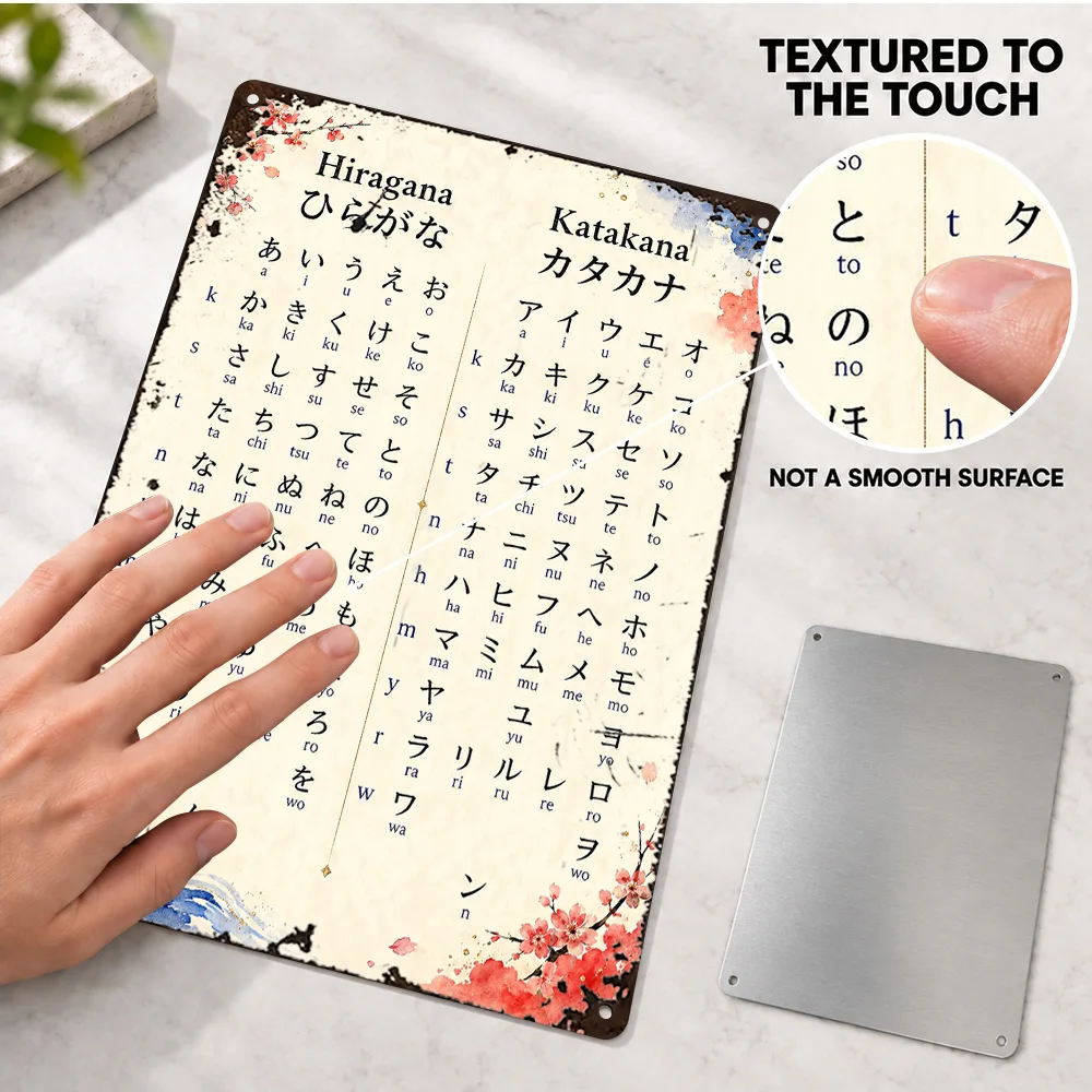 Japanese Hiragana And Katakana Chart Language Textured Metal Poster Personalized Aluminum Sign Illustrated Wall Art For School
