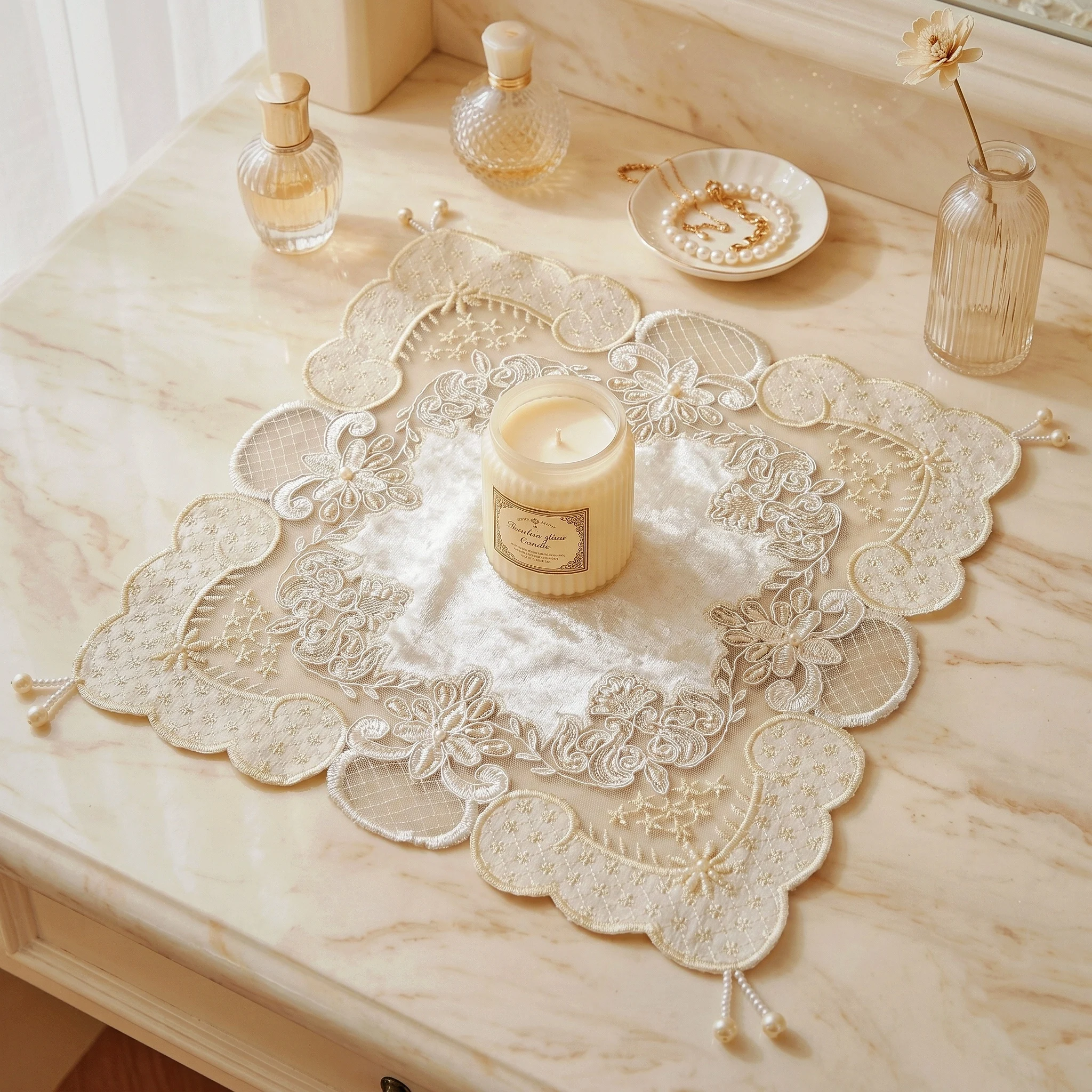 4pcs Square White Placemats Luxury Velvet Plate Mat Handmade Beaded Coaster Nightstand Cover Small Beige Bride Room Decor view 4
