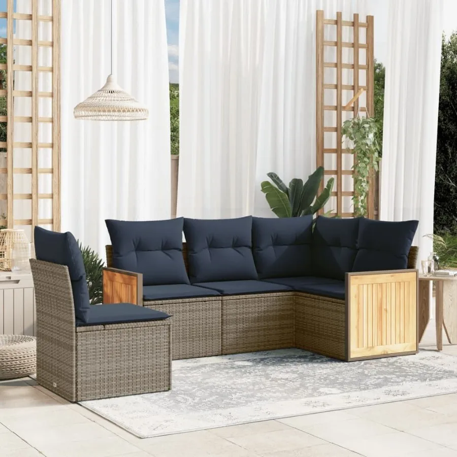 

5 Piece Patio Sofa Set with Cushions Gray Poly Rattan