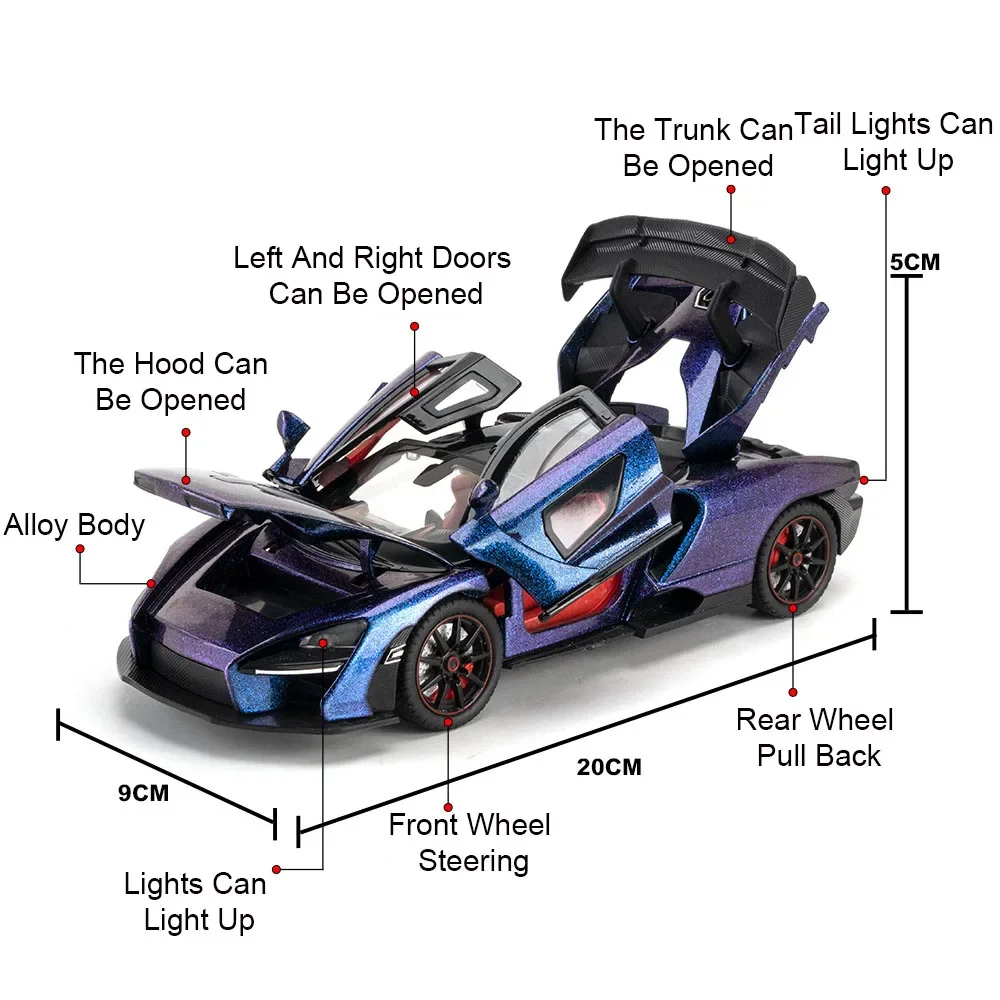 1:24 세나 합금 미니어처 슈퍼카 모델 장난감, 다이캐스트 차량, 사운드 라이트 포함, 4 도어 오픈 풀백 장난감, 어린이 선물