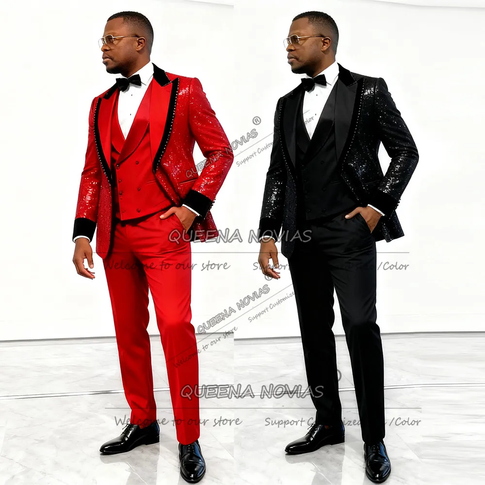 

Male Fashion Sequins Suit Attire For Wedding 3 Piece Set Single Breasted Prom Blazers Customized Man Banquet Party Tuxedo Luxury