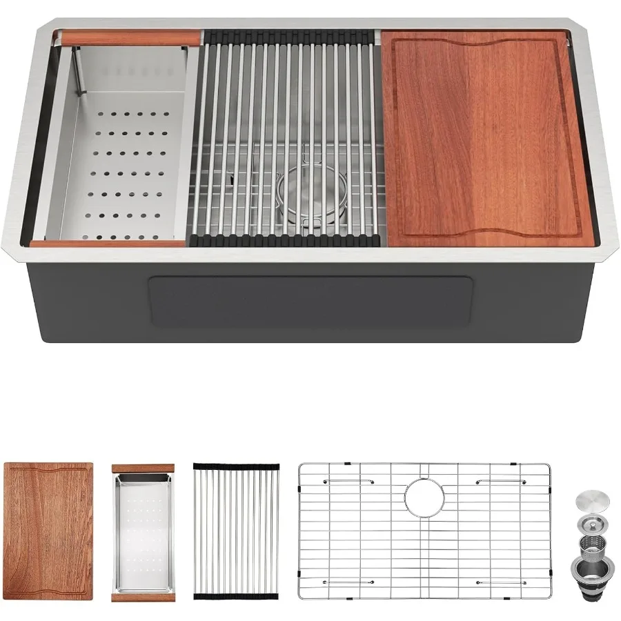 

36 Undermount Kitchen Sink Workstation with 36x19 Single Bowl Design 16 Gauge Stainless Steel Construction Deep Large Basin for