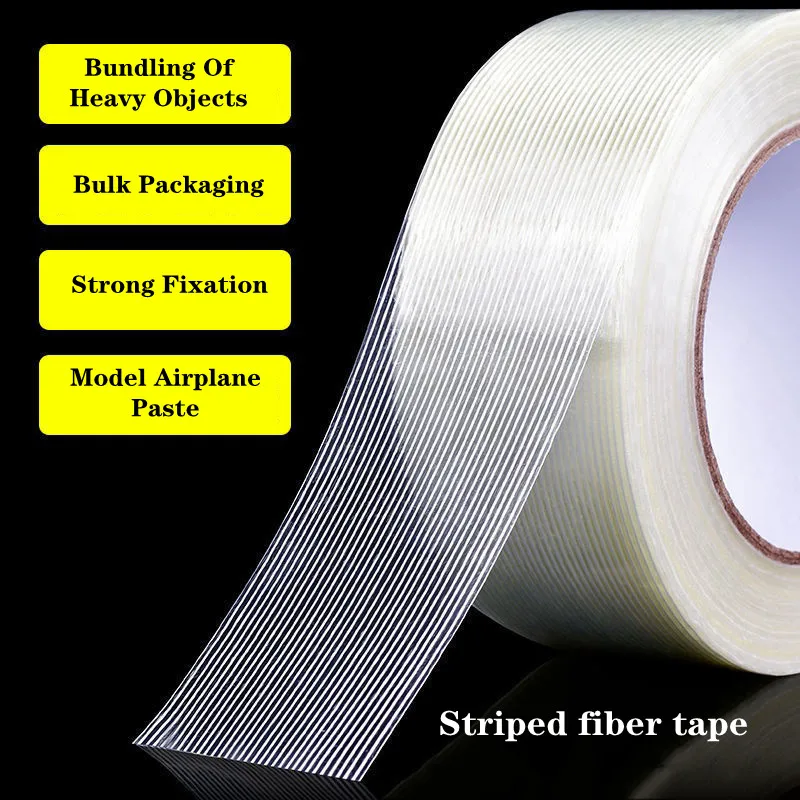 1 Roll 50M Strong Glass Fiber tape Transparent Striped Single Side Adhesive Tape Industrial Strapping Packaging Fixed Seal