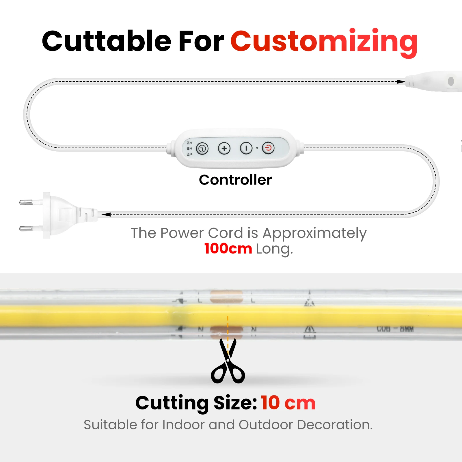 220V COB LED Strip With Adhesive Tape Dimmable Power EU Plug 240LEDs/m Waterproof LED Neon Lights 10cm Cuttable COB Light Strip view 5