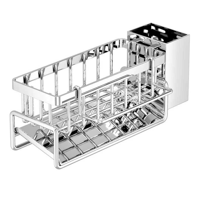 Stainless Steel Kitchen Sink Organizer | Faucet Caddy with Self-Draining Sponge Holder, Towel Rack & Compact Storage Solution