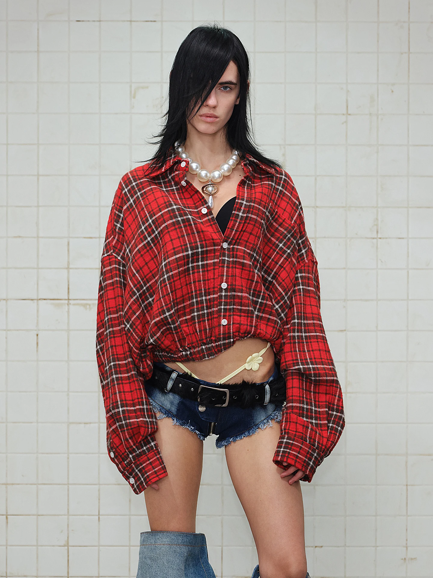 

Waed Cotton Plaid irt Women's Faion American Color Blo ort Length Brued Fini Spring Season Boxy Sle Button up