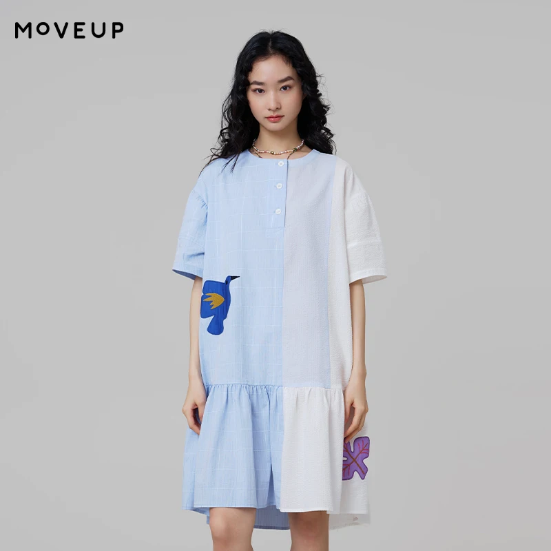 MOVEUP Color Block Plaid Shirt Dresses with Bird Leaf Patch Applique Summer O-Neck Ruffle Hem Casual Loose Woven Dress 3ELX21304