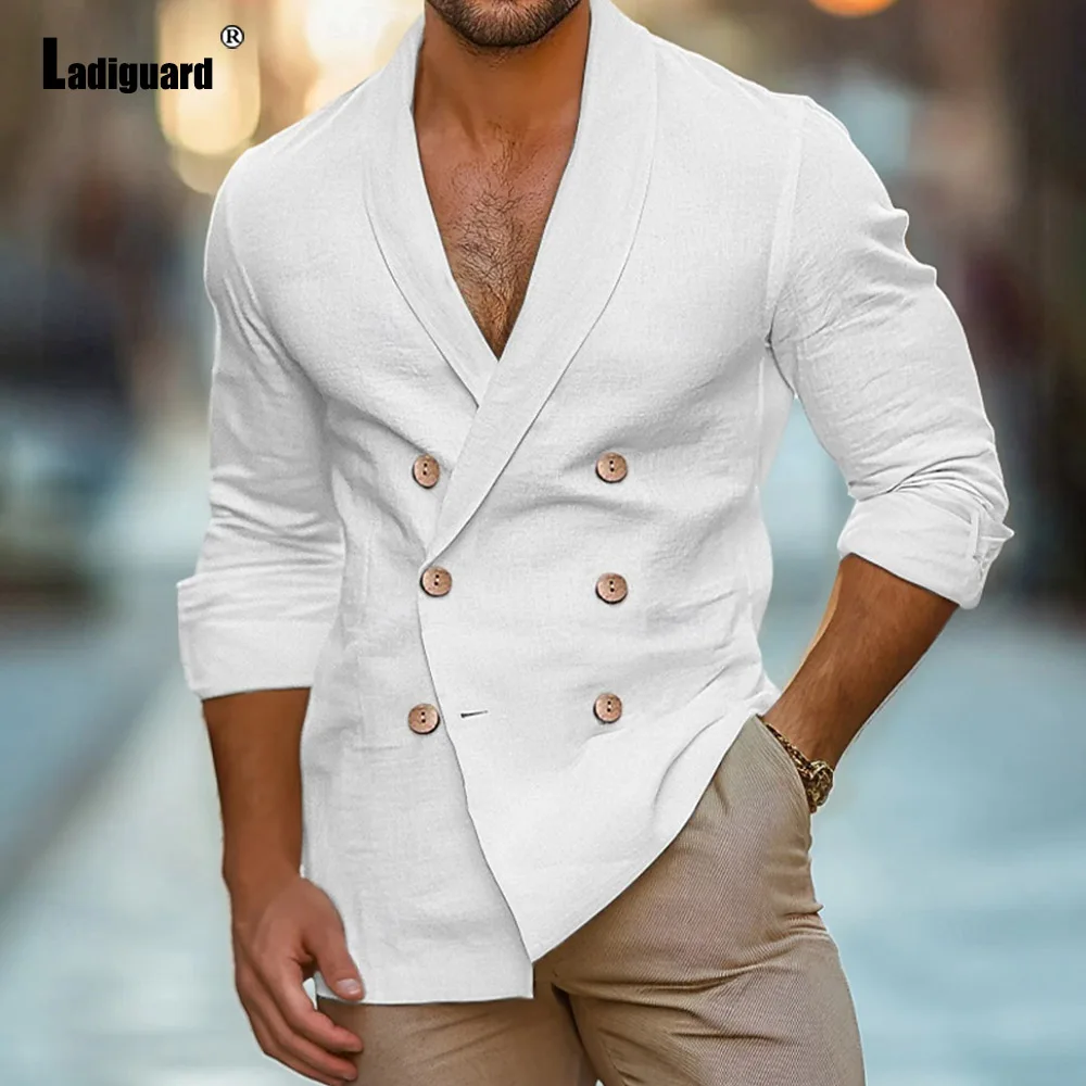 Men Elegant Basic Shirts Outerwear 2024 Double Breasted Tops Streetwear White Khaki Soft Blouse Notched Collar Fashion Shirt New