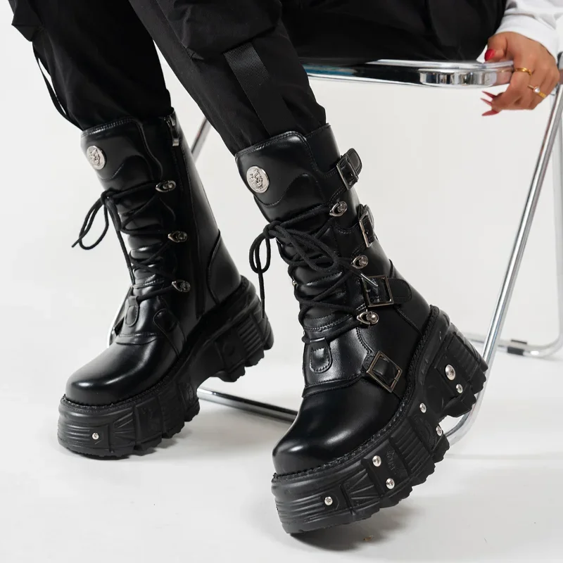 

Women Punk Boots Platform Personalized Design Shoes Leather Cool Boots Retro Chunky High Quality Lace Up Casual Outdoor Shoes 42