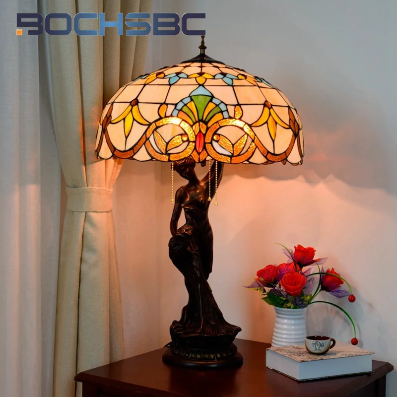 BOCHSBC Tiffany stained glass table lamp Vintage Baroque art Deco living room study bedroom Bedside Beauty reading lamp